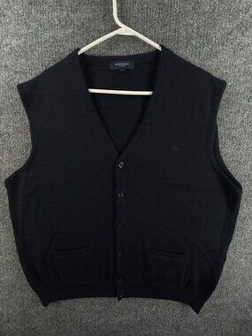 Burberry London Blue 8 Sleeveless Vest Wool Acrylic V-Neck Logo Sweater Solid